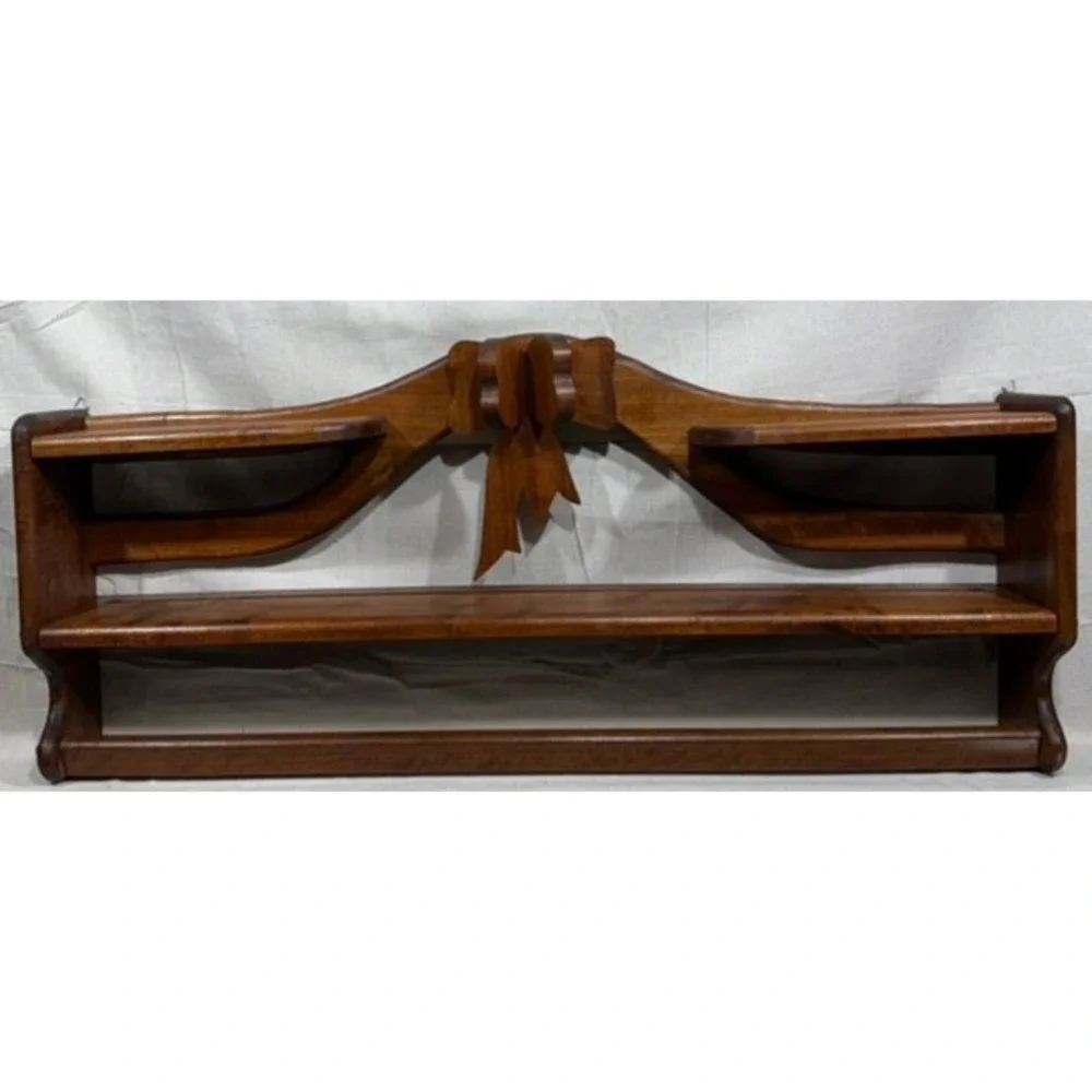 Vintage Walnut Wood Quilt Rack Wall Shelf Carved Bow Ribbon Display 38in GP 92
